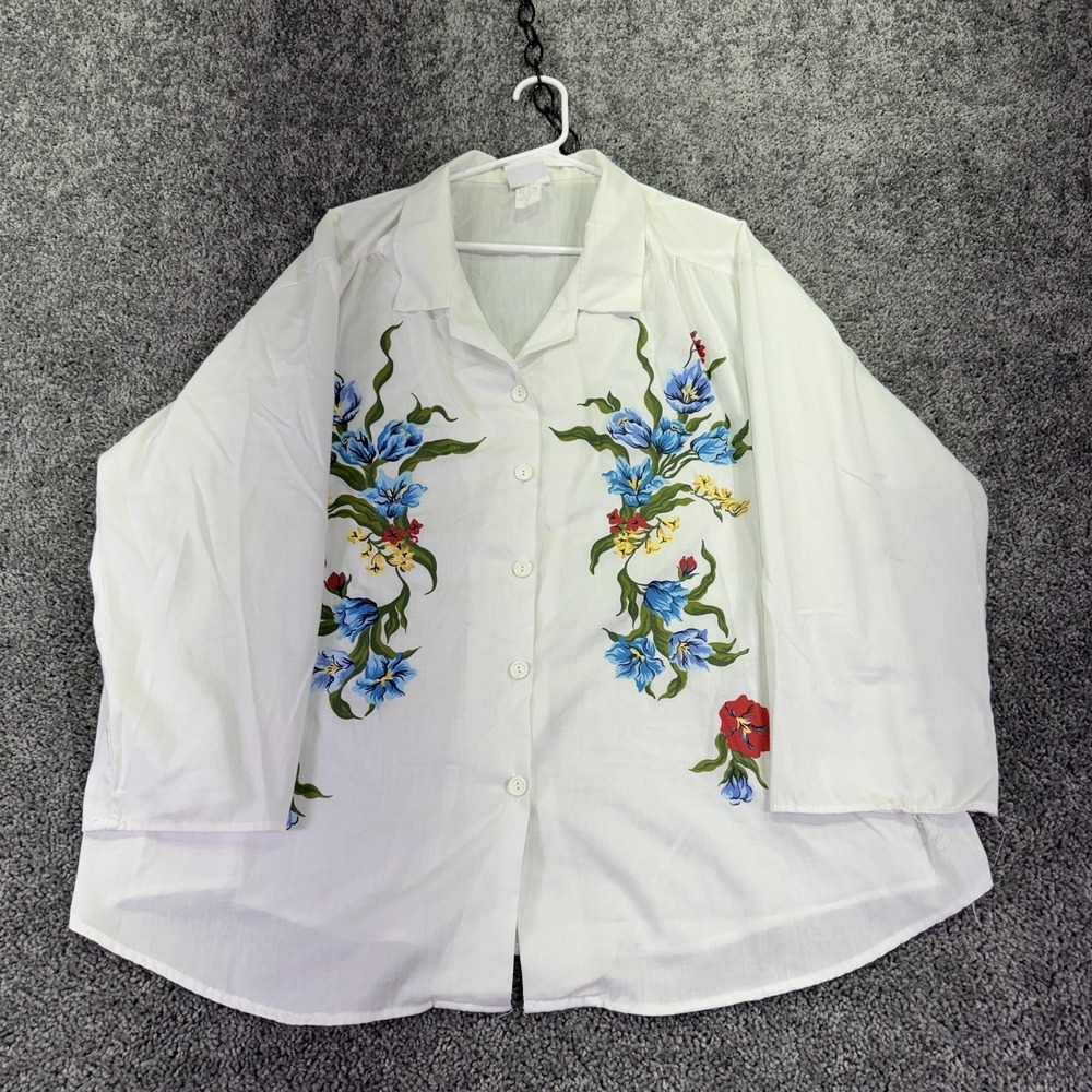Haband For Her Blouse Womens 2XL White Floral 3/4 Sleeve Button Tunic Casual